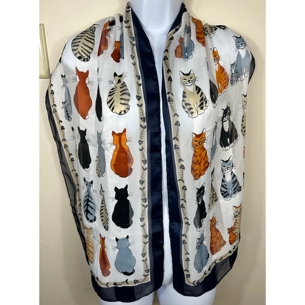 Cat Print Scarf Women White Navy Blue Whimsical Feline Novelty Wrap Cat Lover
